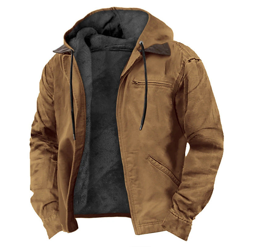 Padded hooded jacket in tan/brown with drawstring, dark lining, front zipper pocket.