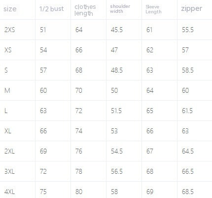 Size chart table listing bust, clothing length, shoulder, sleeve length, zipper length.