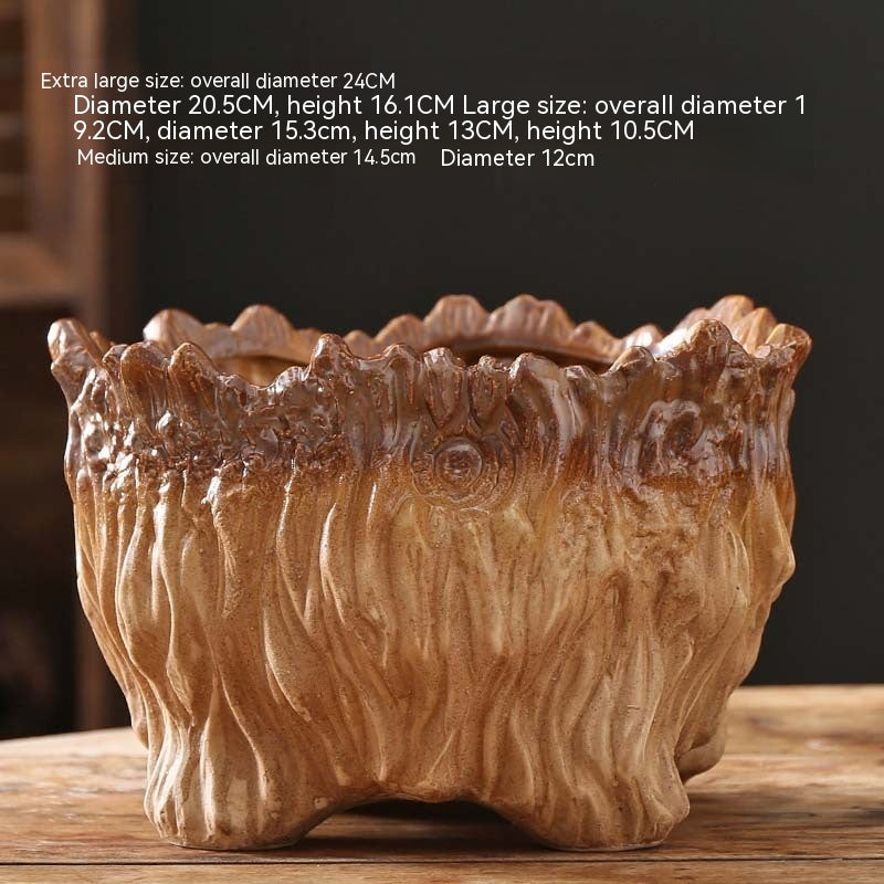 Rectangular ceramic flower pot with carved tree-root texture and thick scalloped edge