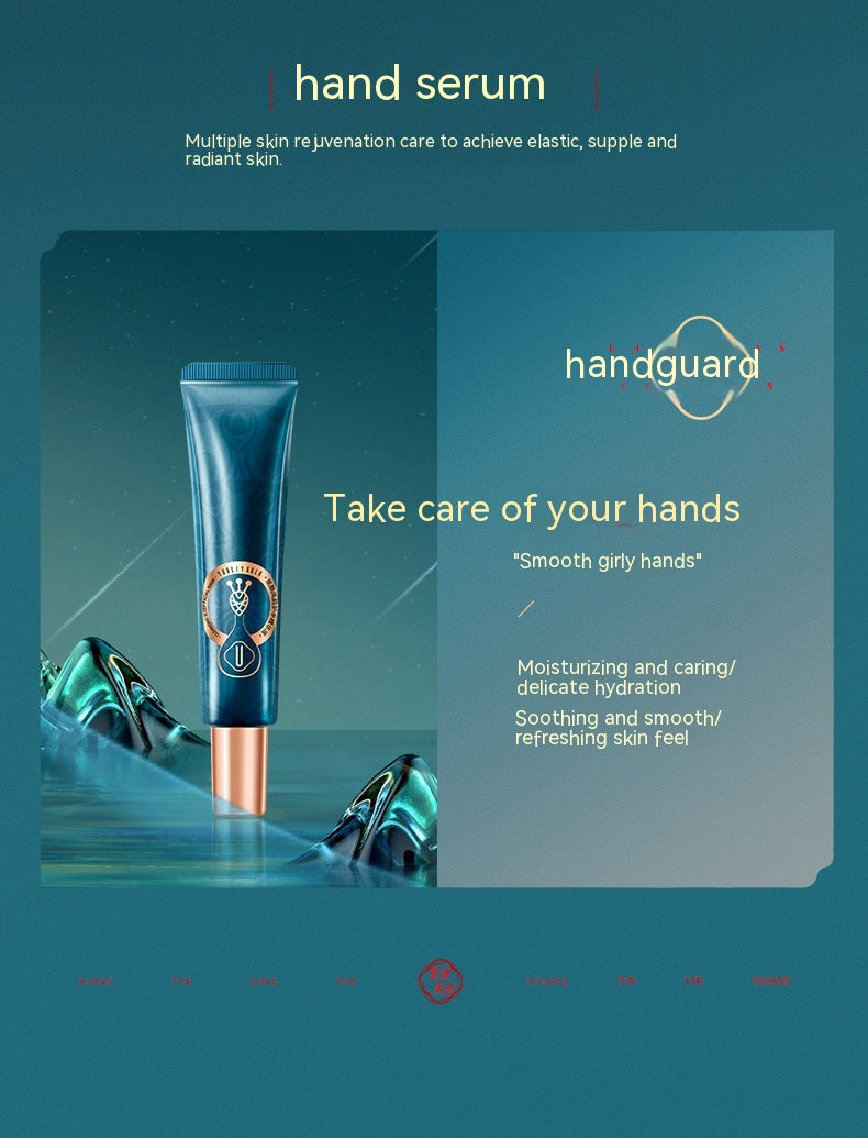 Hand serum tube and matching skincare product in blue-gold makeup set packaging