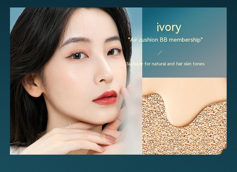 Ivory-toned air cushion BB compact with makeup brush and coordinating items