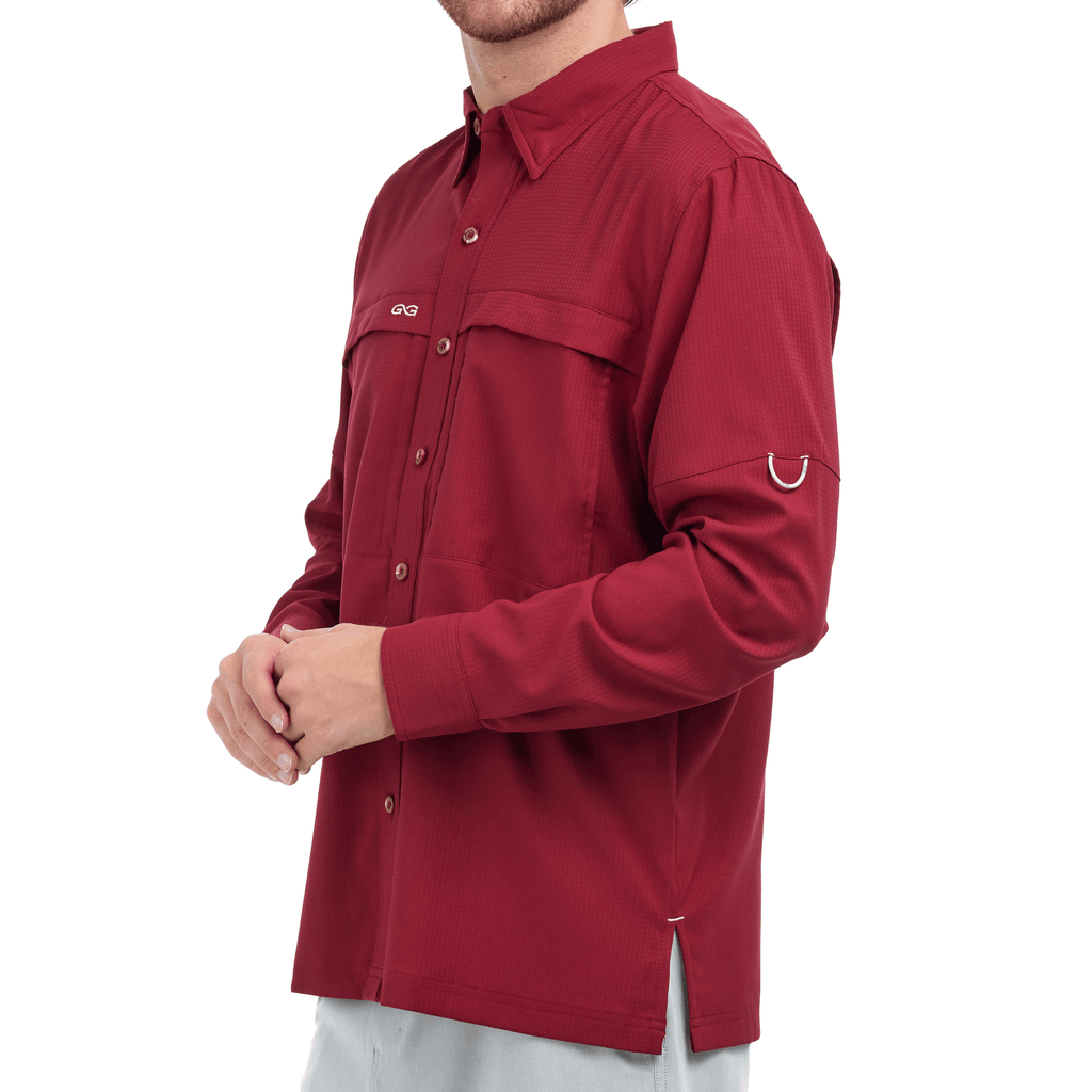 Oxblood long-sleeve scout shirt with button-down front and chest pocket flap