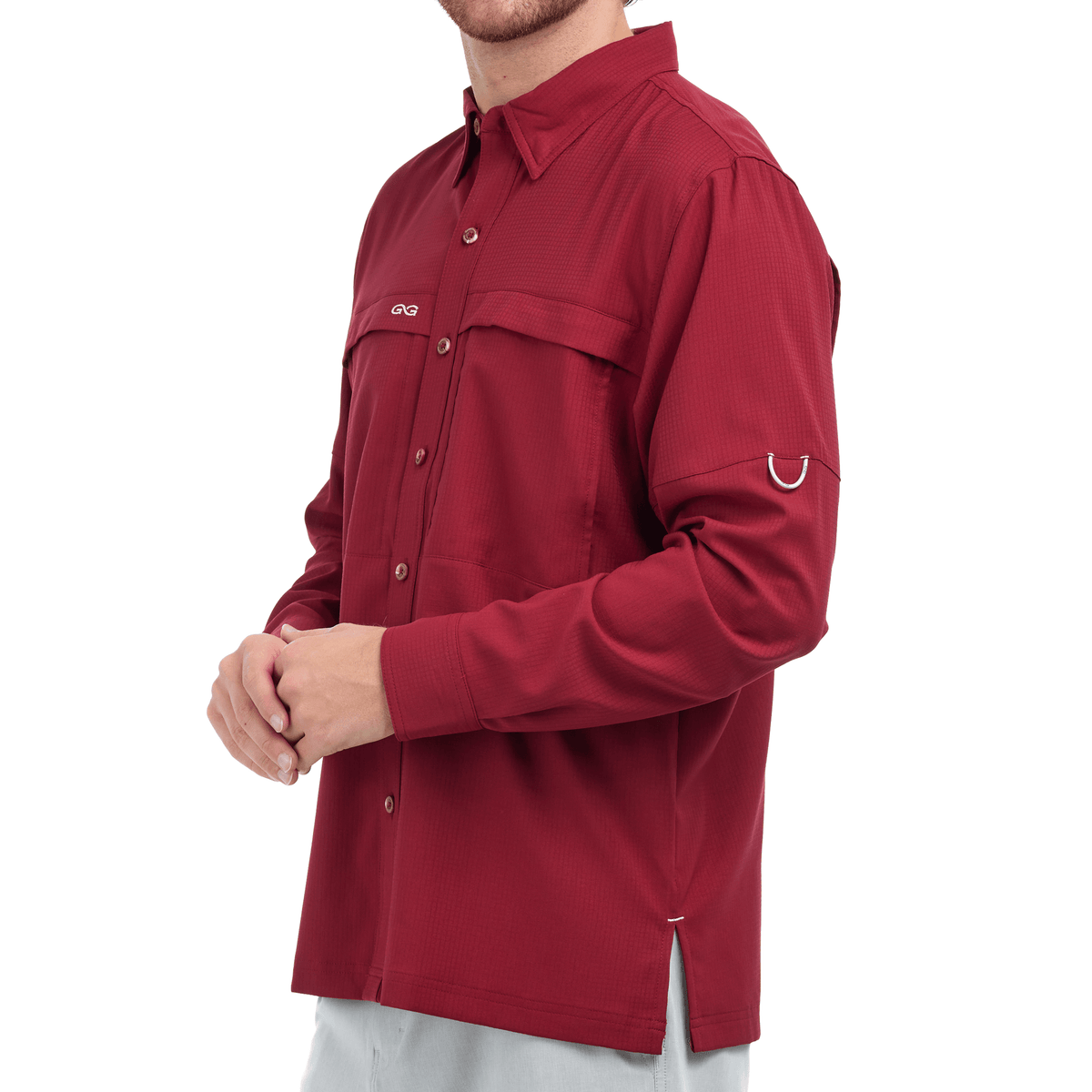 Oxblood long-sleeve scout shirt with button-down front and chest pocket flap