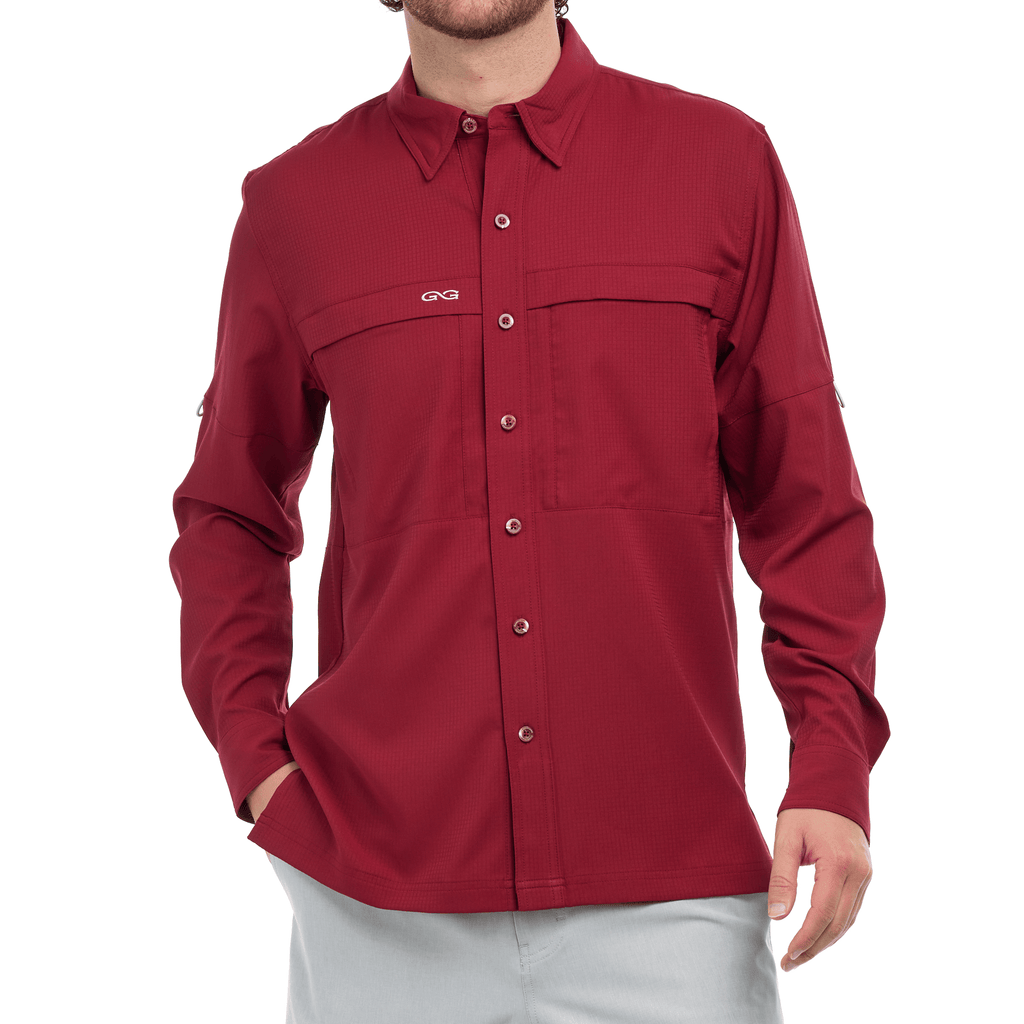Oxblood long-sleeve scout shirt with button placket and chest pocket with flap