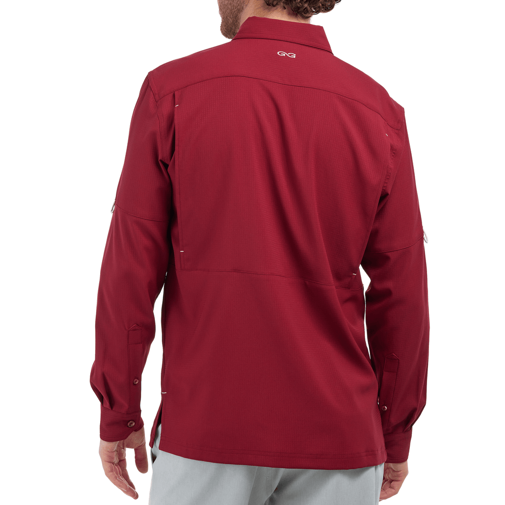Oxblood long-sleeve scout shirt, back view with yoke and buttoned cuffs