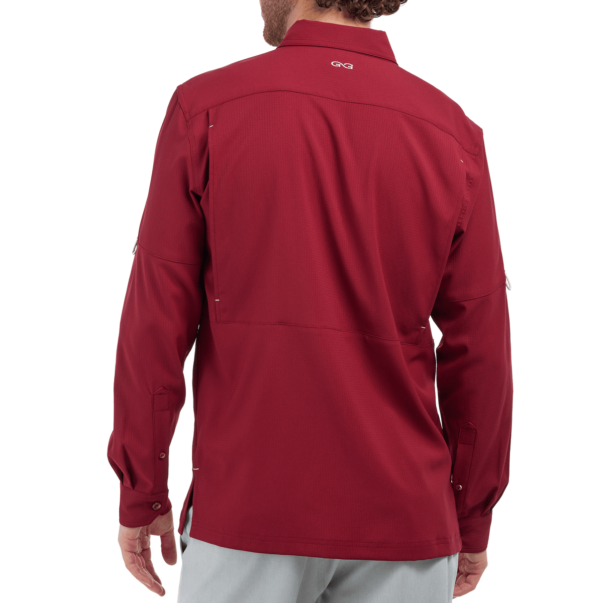 Oxblood long-sleeve scout shirt, back view with yoke and buttoned cuffs