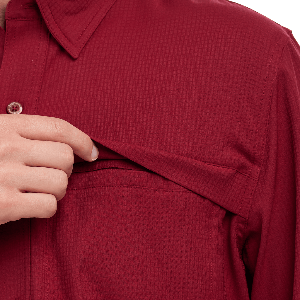 Oxblood scout shirt fabric detail with buttoned front and textured weave