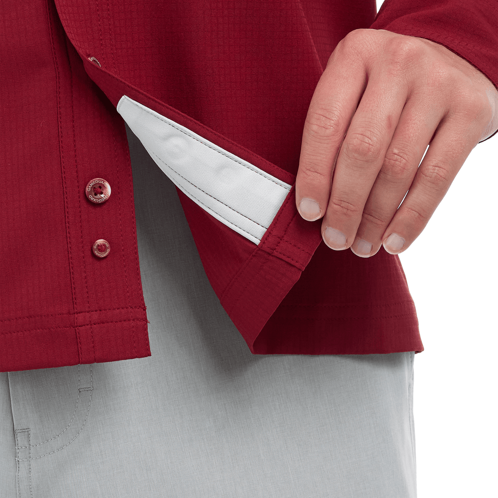 Oxblood scout shirt sleeve cuff detail with light inner lining and button