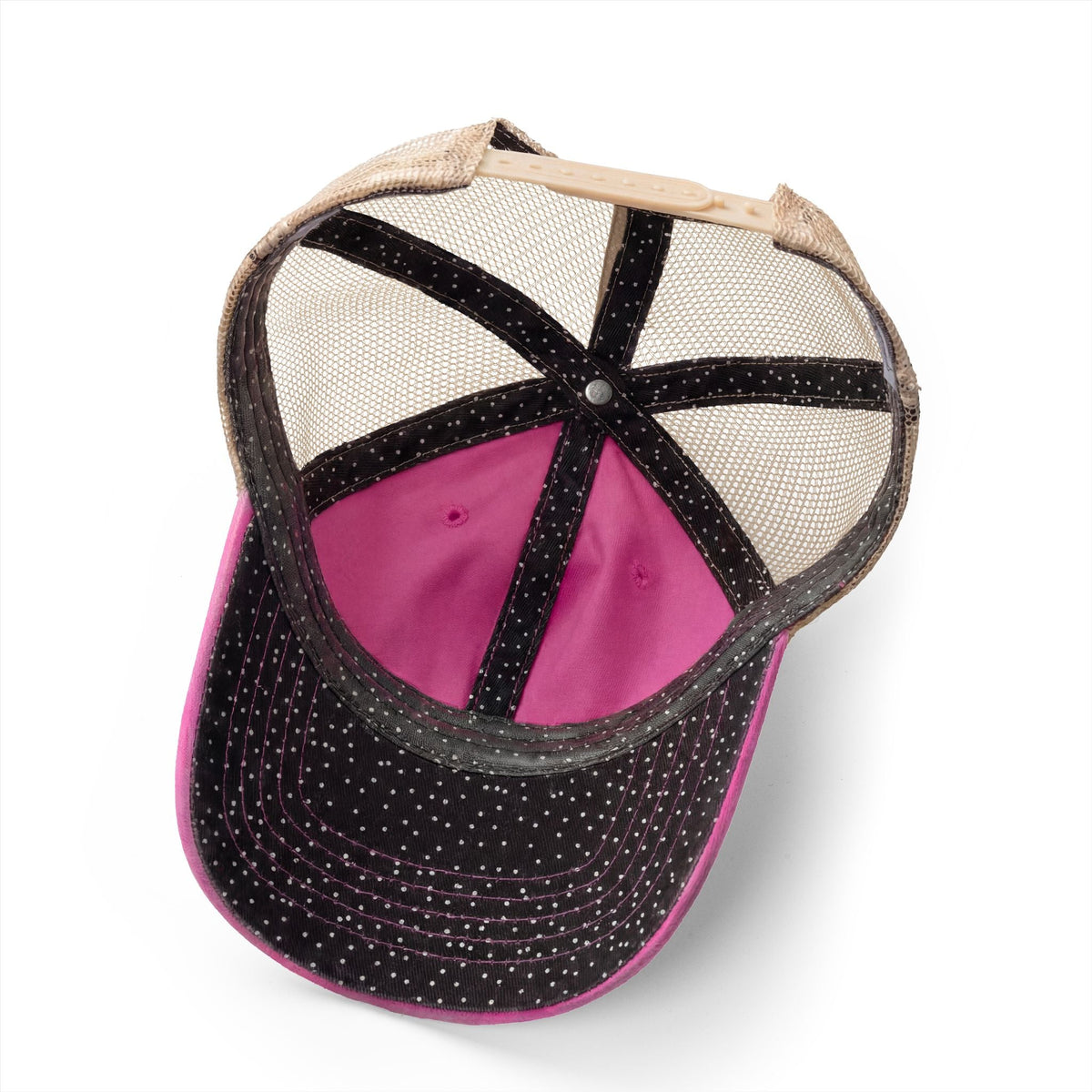 Ponytail cap with black brim, pink underpanel, tan mesh crown and adjustable strap