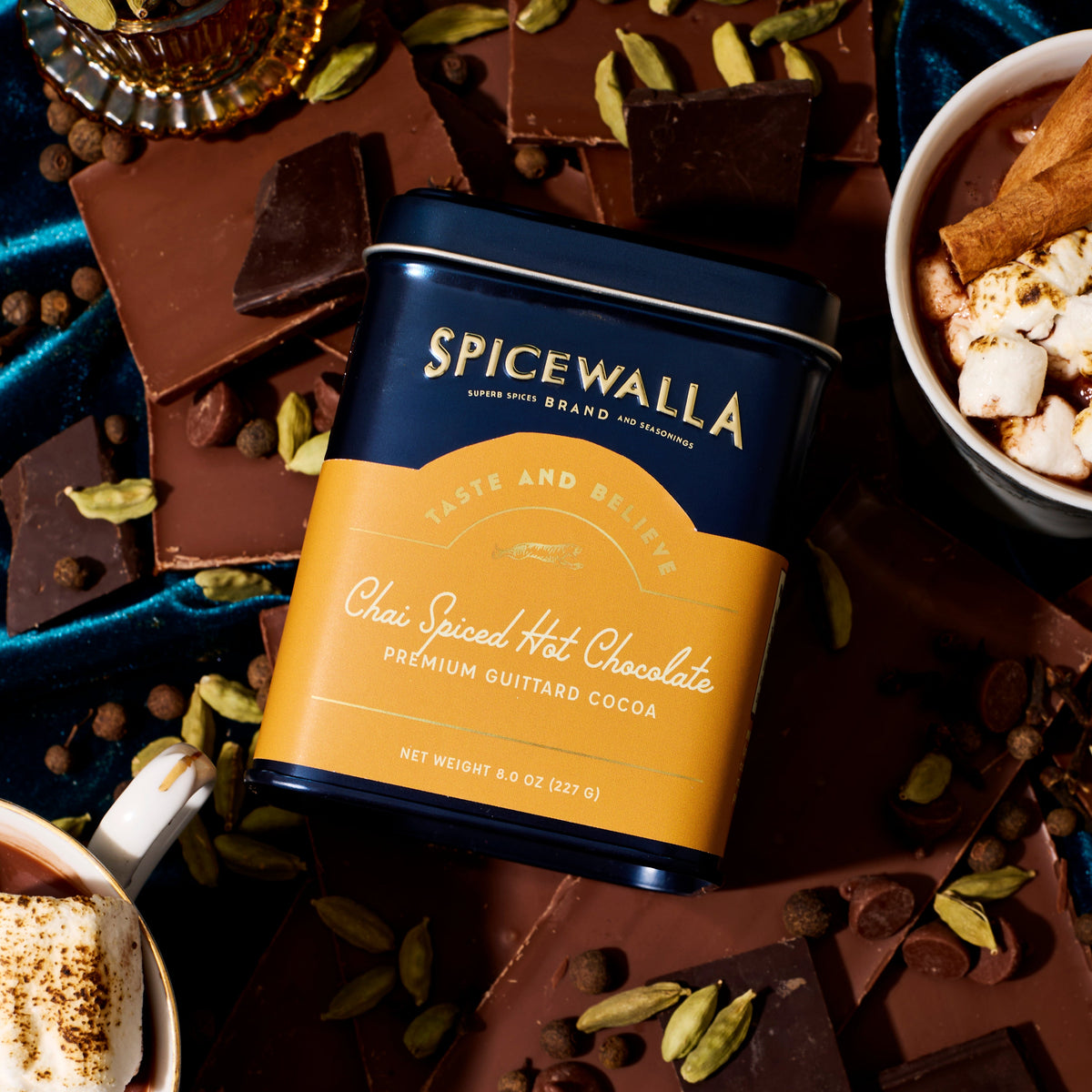 Spicewalla chai spiced hot chocolate mix tin, navy and orange label