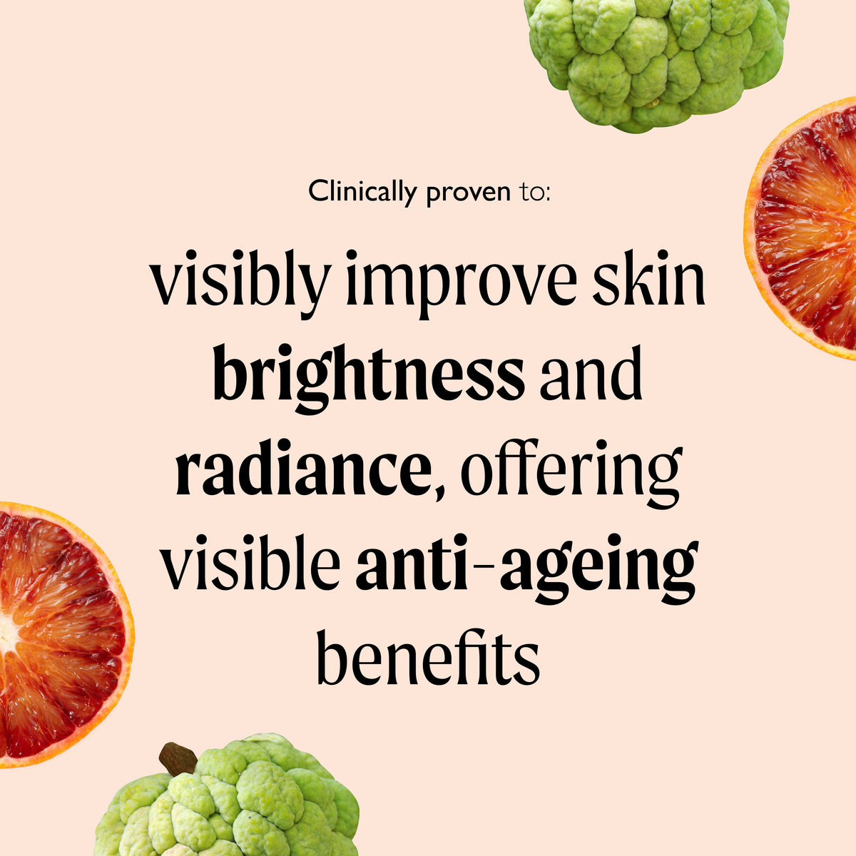 Peptide serum promotional graphic with citrus fruit slices and green fruit