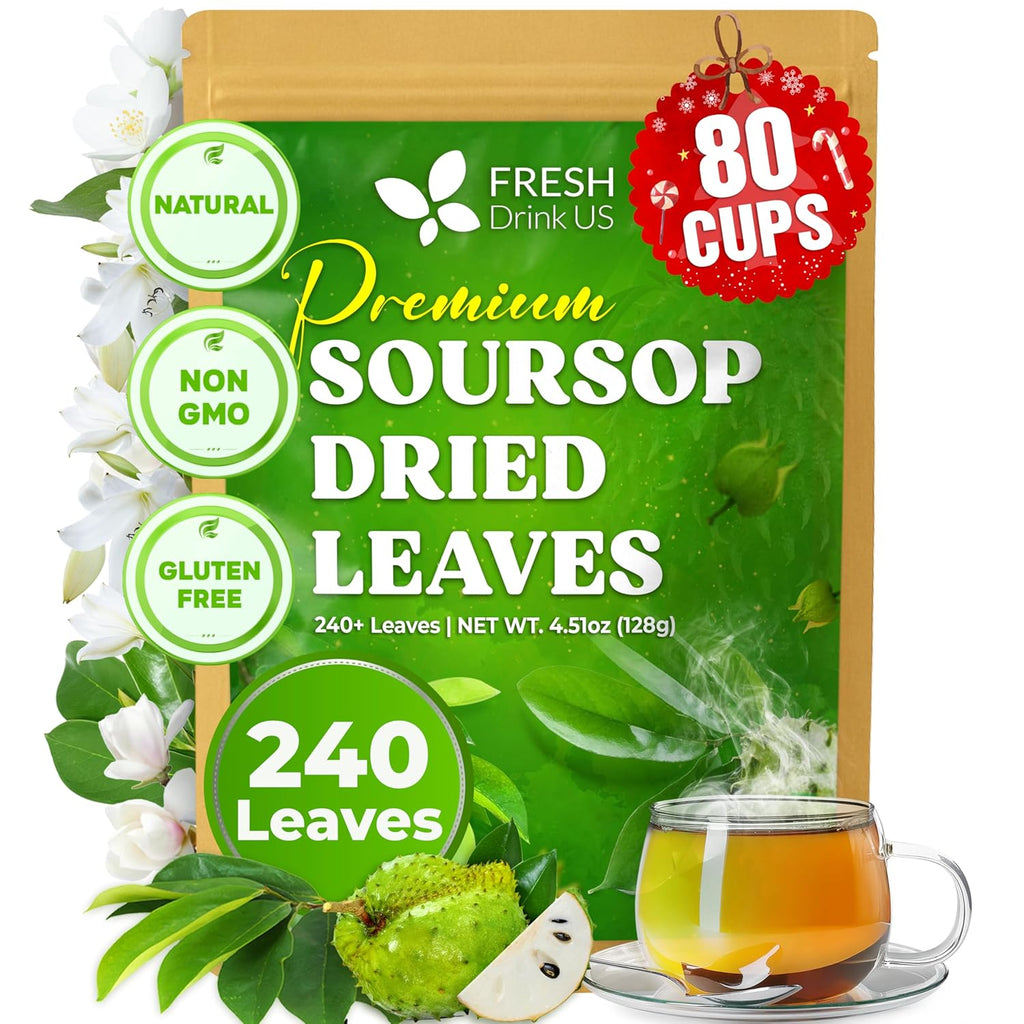Green soursop dried leaves pouch, 240 leaves with teacup and leaf pieces