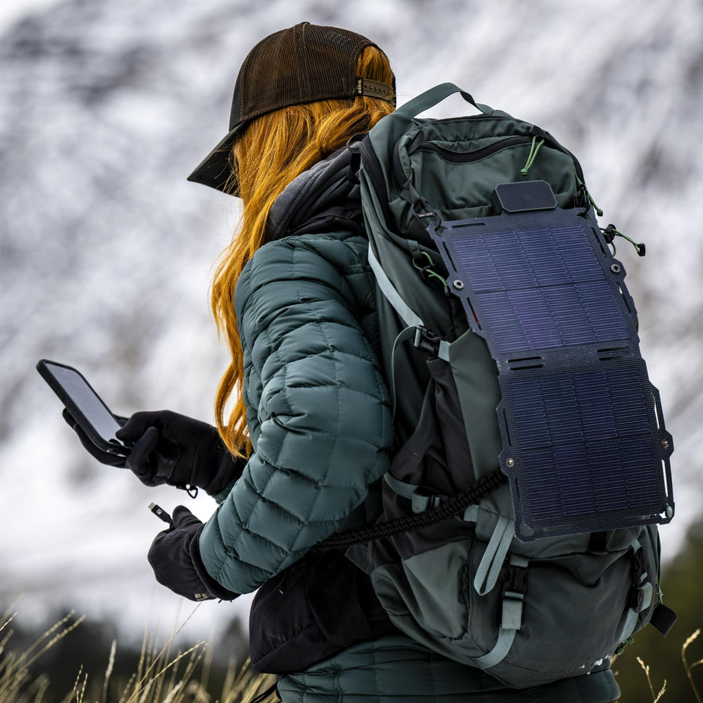 8W solar panel in a dark case attached to a backpack, showing blue cells