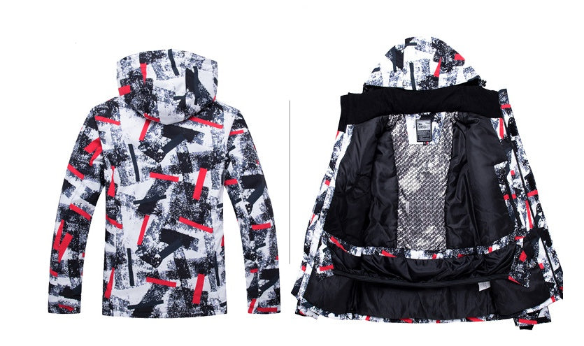 Waterproof ski suit: front and back views of printed hooded jacket with black bib pants.