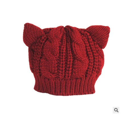 Women’s knitted cat-ear beanie hat, red with thick ribbed cable-knit texture