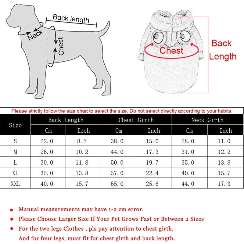 Frog pet hoodie size chart with neck and back length and chest measurements