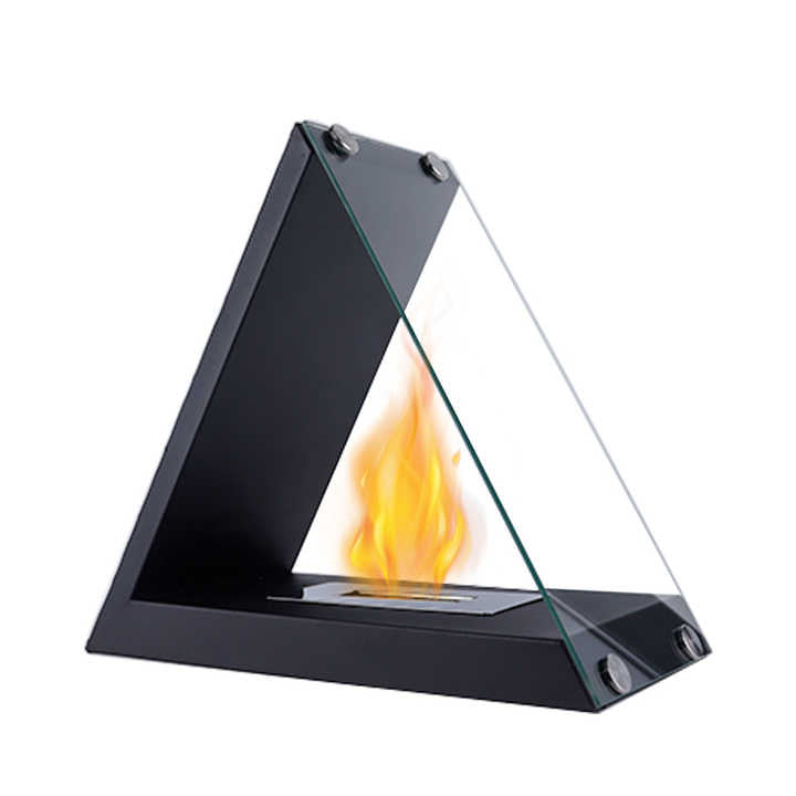 Black triangular tabletop alcohol fireplace with glass side panels and open flame