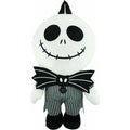 Plush Jack Skellington-style backpack with white face, black eyes, bow, striped pants