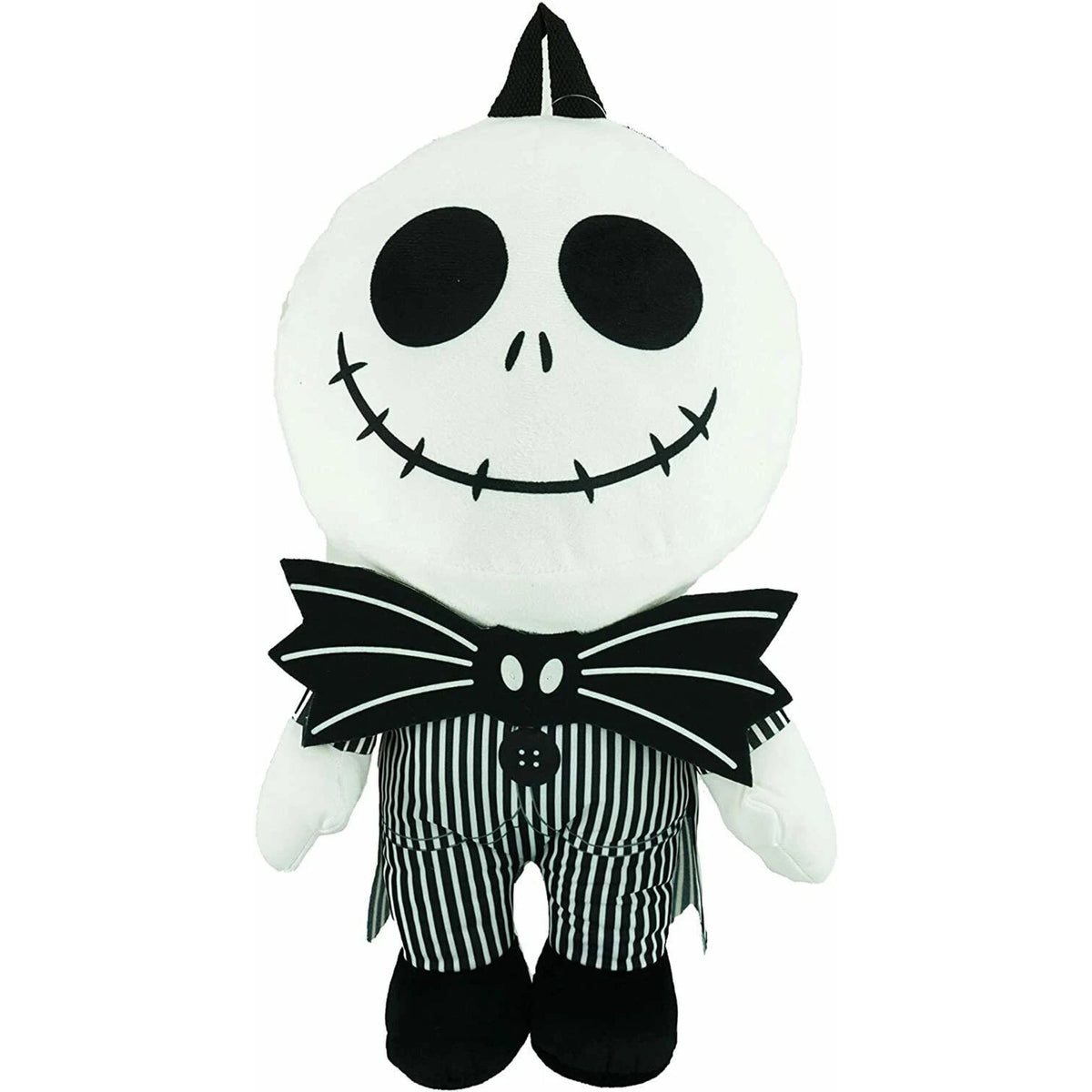 Plush Jack Skellington-style backpack with white face, black eyes, bow, striped pants