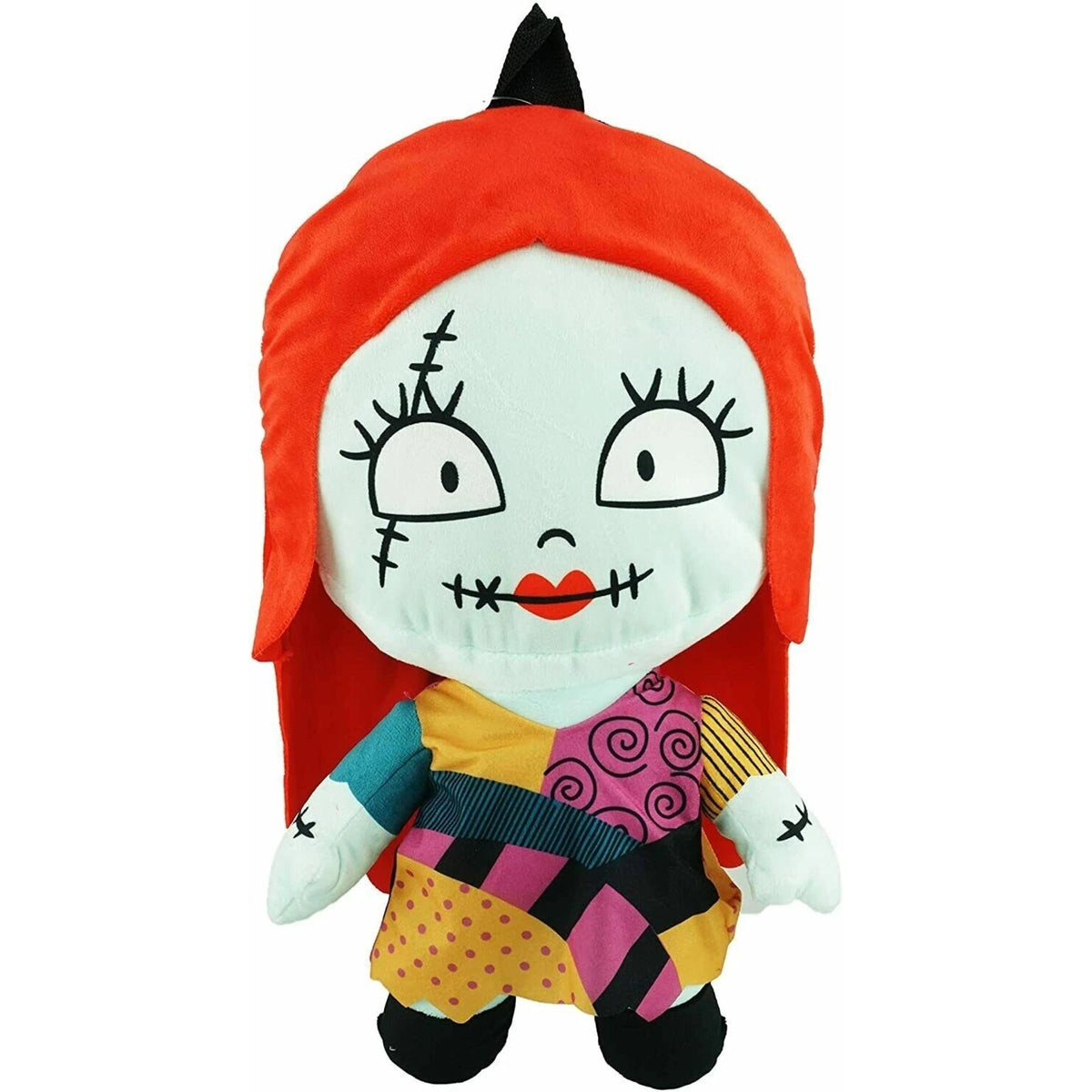 Sally 19-inch plush backpack with red hair and stitched face, doll-style front