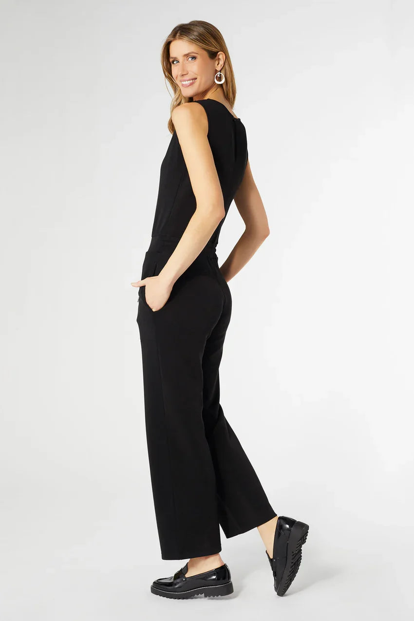 Black sleeveless romper with drawstring waist and side pockets, wide-leg fit