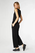 Black sleeveless romper with drawstring waist and side pockets, wide-leg fit