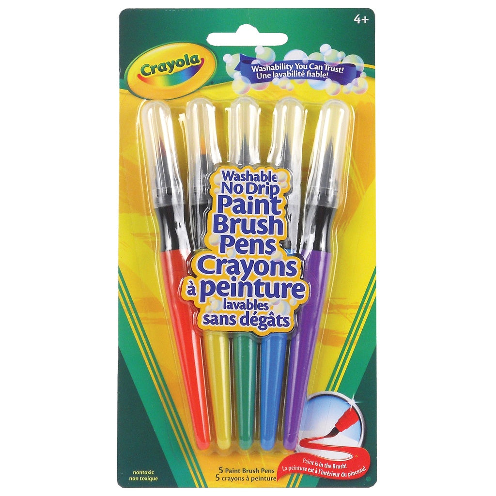 Washable no-drip paint brush pen set, 5 assorted color tips in blister pack