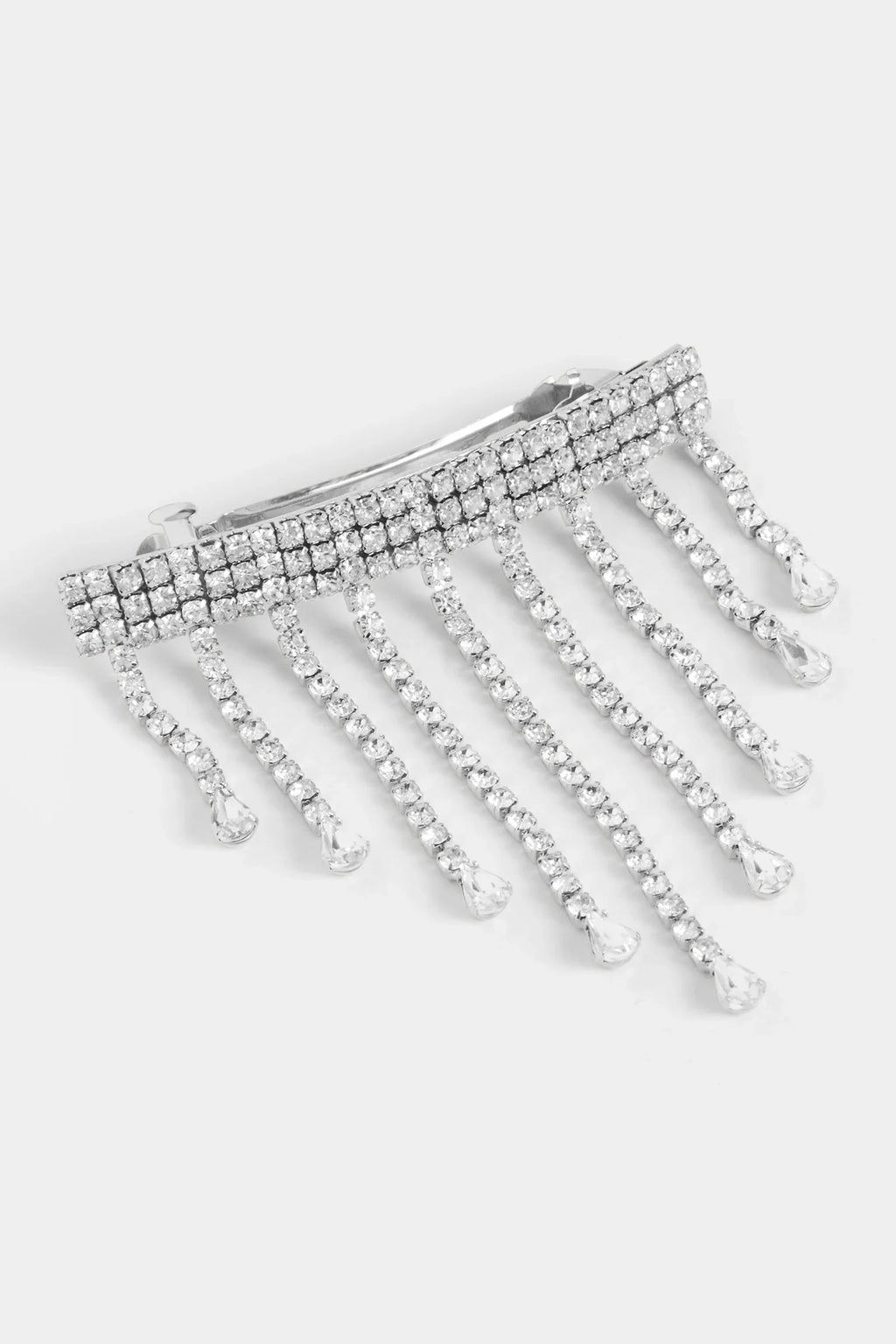 Silver rhinestone hair clip comb with dangling fringe rows