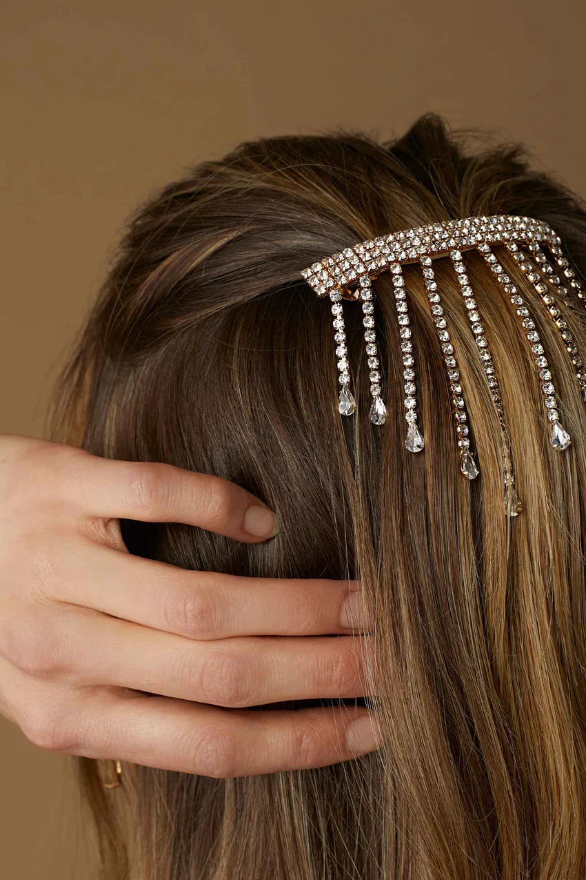 Rhinestone hair clip comb with silver-toned sparkle fringe