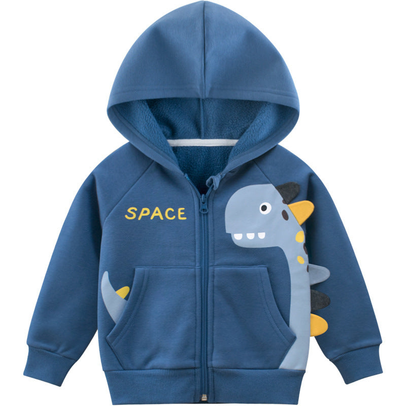 Blue fleece hoodie jacket for baby boy with full zip, front pockets, dinosaur graphic