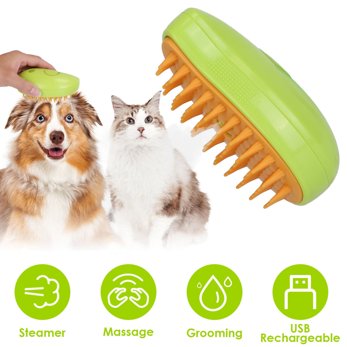 Lime green steam brush with orange comb bristles for pets, shown with multiple angles