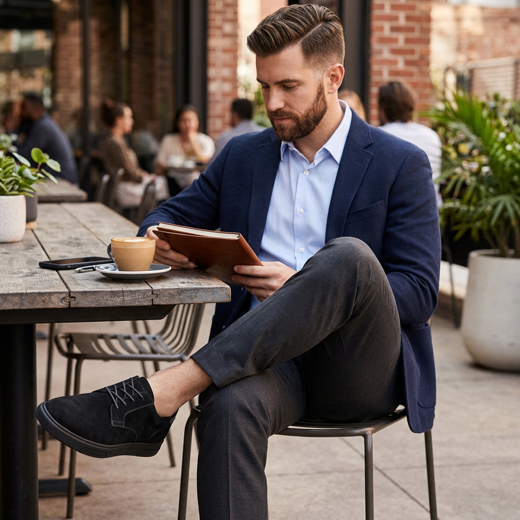 Men's black suede lace-up oxford shoes worn with dark pants, outdoor lifestyle view