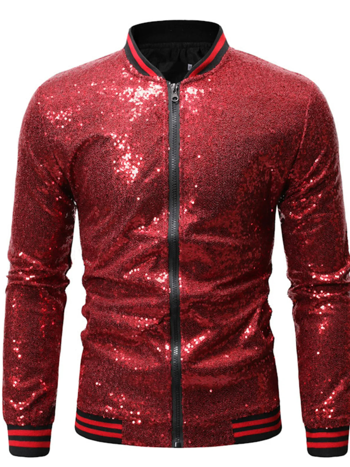 Wine red sequin zip-up jacket with front zipper and ribbed red striped cuffs