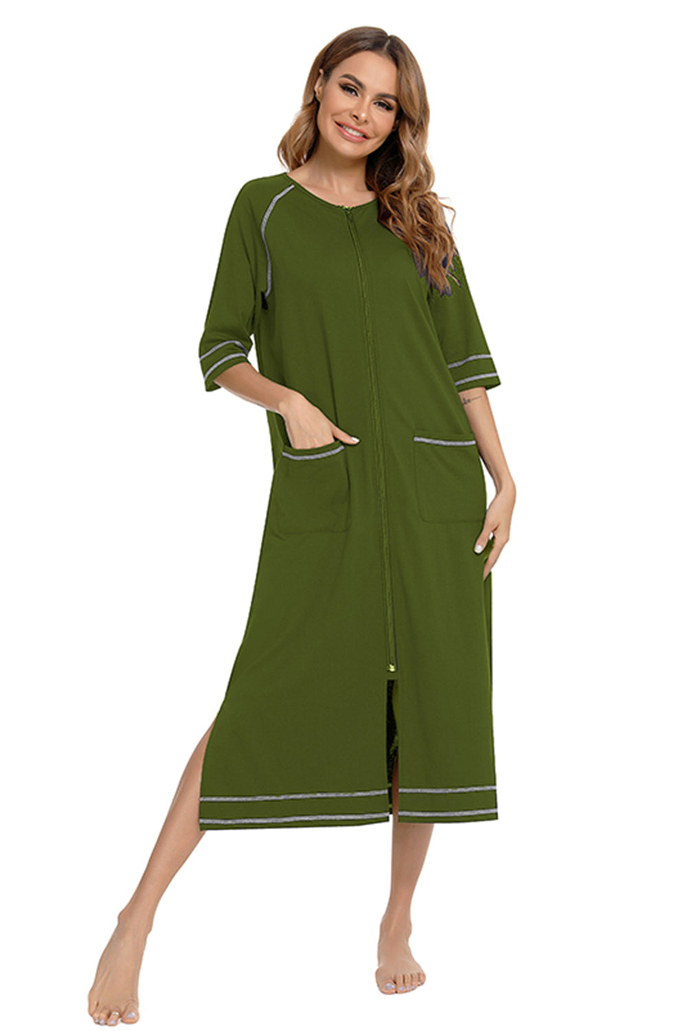 Army green zip-up night dress with round neck, side pockets, and contrast-trim slit hem