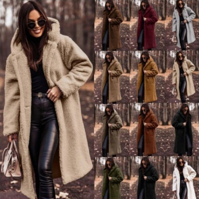 Women’s teddy long coat, off-white plush faux fleece, hooded with front buttons
