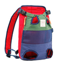 Red, blue, and green cat dog carrier backpack with breathable mesh front and round side entry