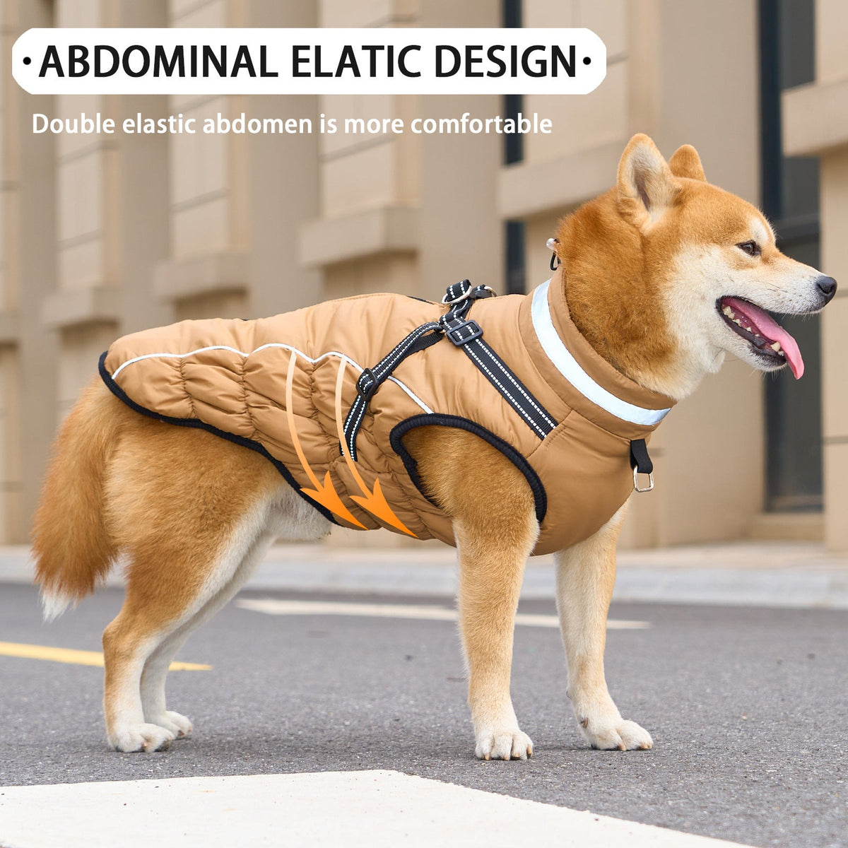 Fleece-lined waterproof dog coat in tan with reflective trim and chest harness straps