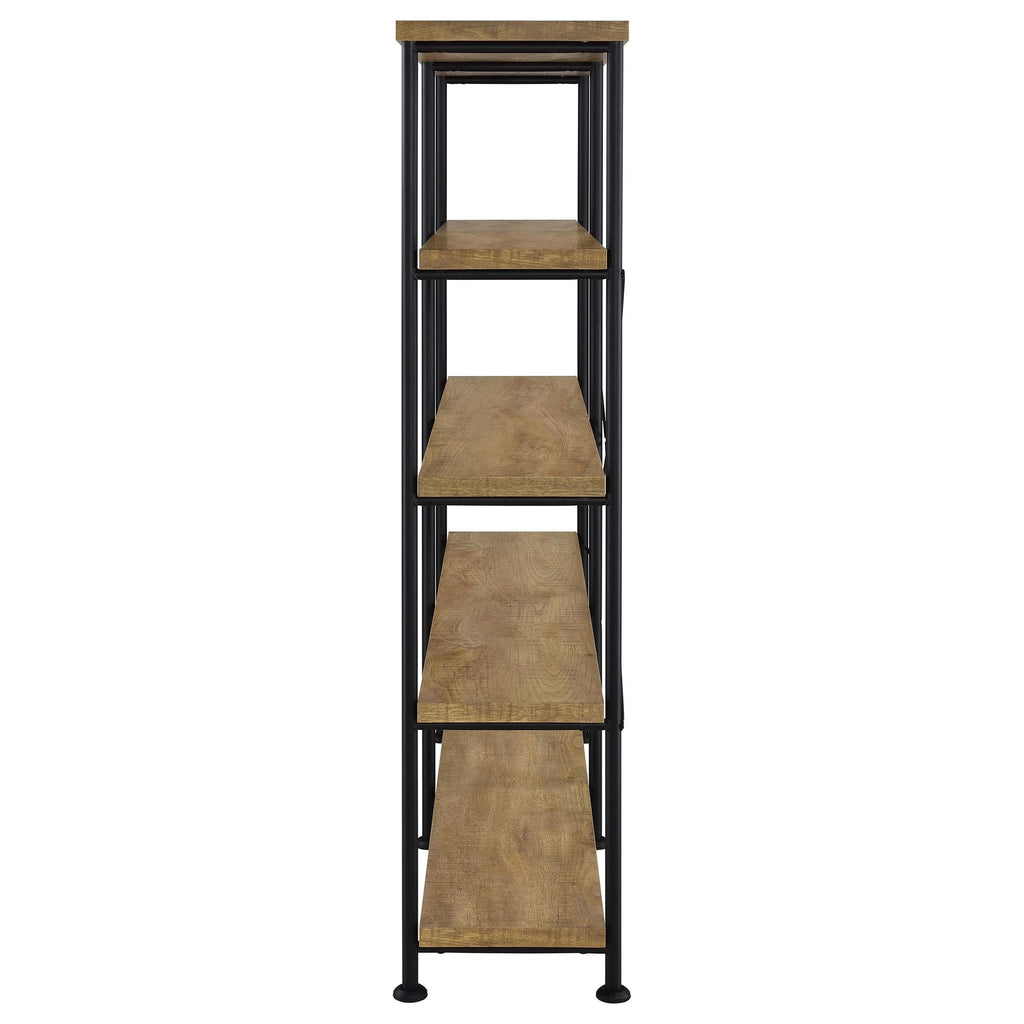 4-shelf bookshelf with black frame and four mango wood shelves