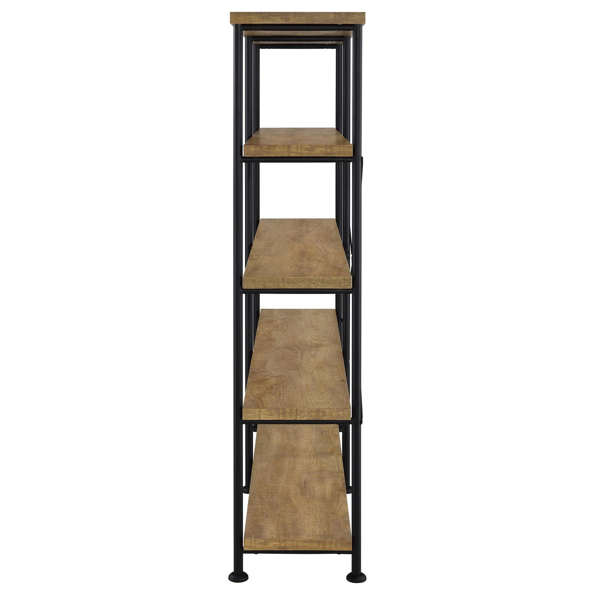 4-shelf bookshelf with black frame and four mango wood shelves