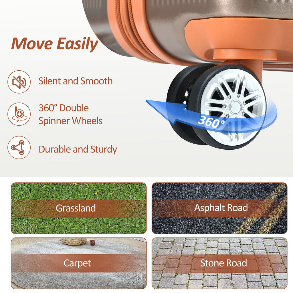 Hardshell suitcase with 360° double spinner wheels and copper accents