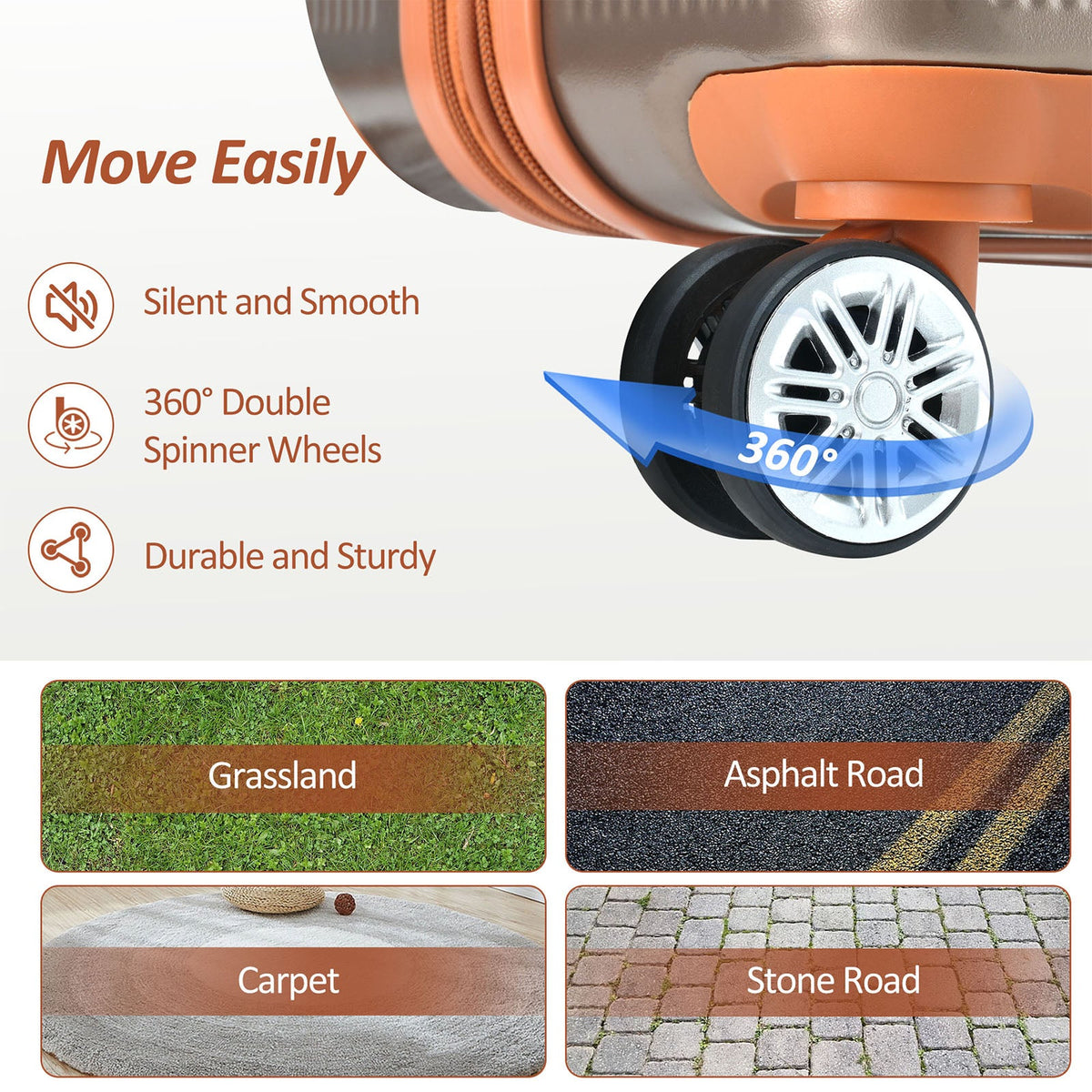 Hardshell suitcase with 360° double spinner wheels and copper accents