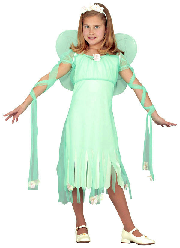 Mint green blossom fairy girl costume with sheer wings and headband
