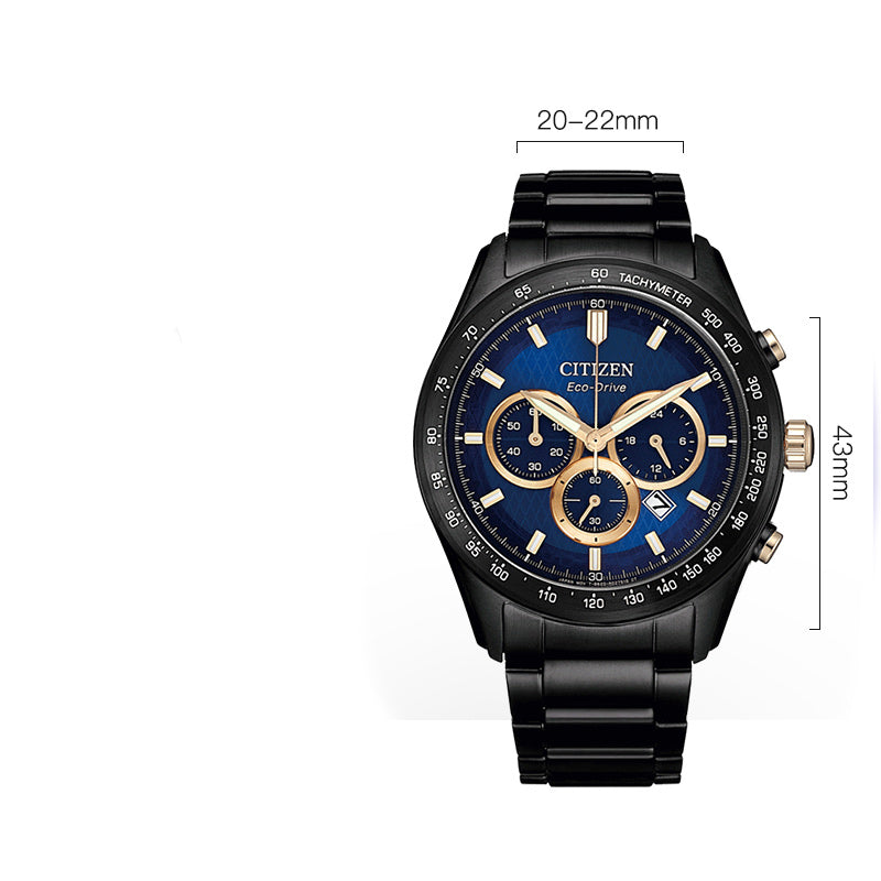 Men's chronograph watch with blue dial and black metal bracelet, 20–22mm.