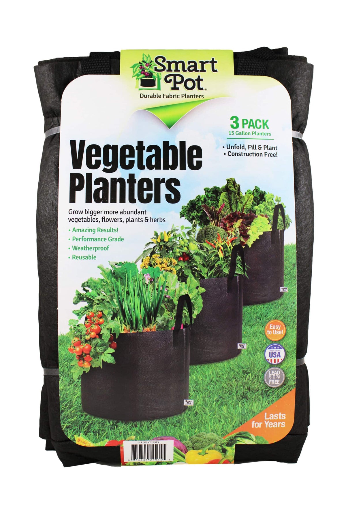 Smart Pot Vegetable Planters 3-pack package showing three black 15-gallon fabric planters