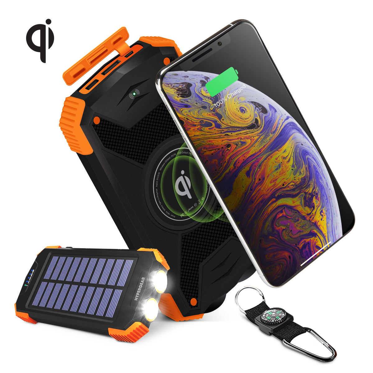 Black and orange wireless power bank with solar panel and phone charging pad