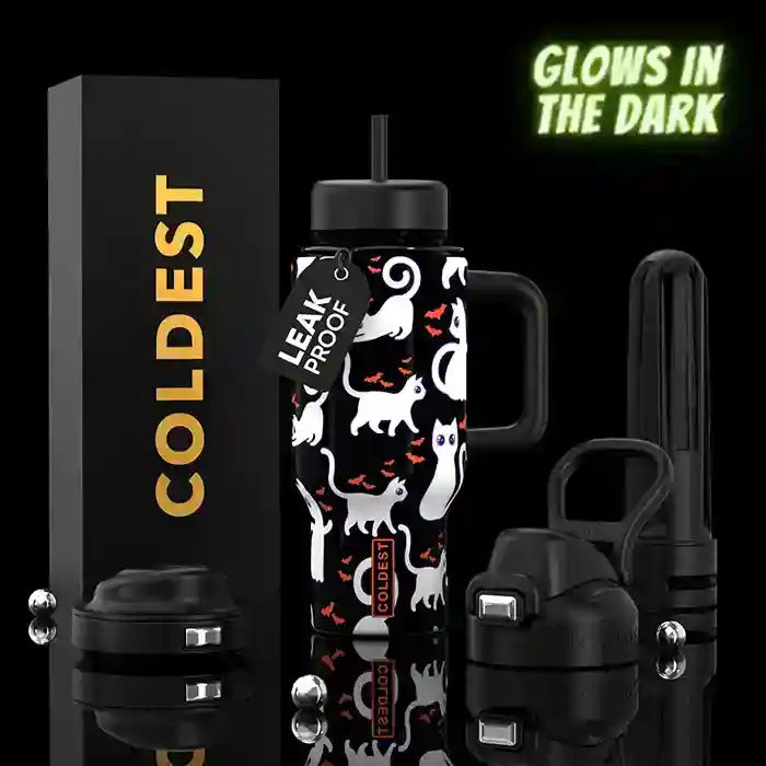 24oz black tumbler with handle and straw, glow-in-dark cat pattern design