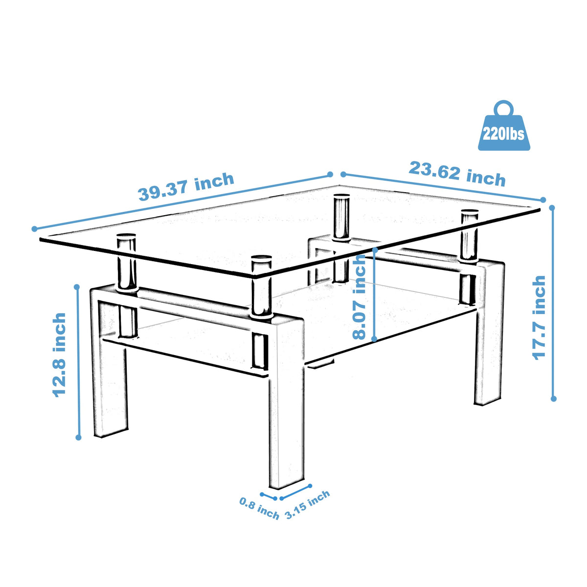 White glass coffee table dimension diagram with four corner legs
