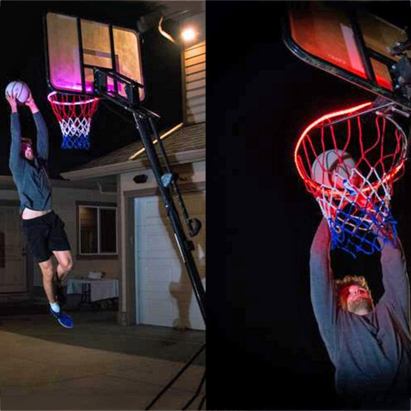 Basketball hoop with multicolor LED rim light strip glowing around the net