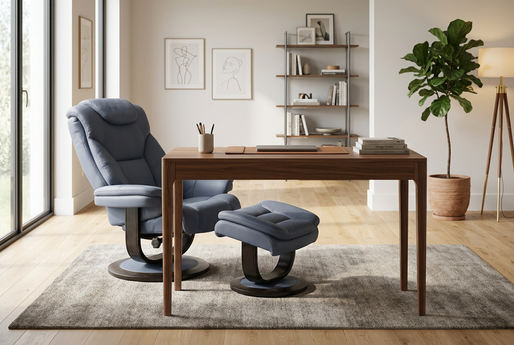 Blue euro recliner with ottoman in an office setting, swivel base and wide armrests
