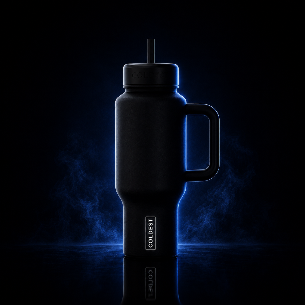 36oz insulated water bottle with handle and black body with glowing blue light effect